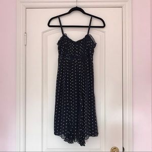 Navy blue and white polka dot midi dress.
